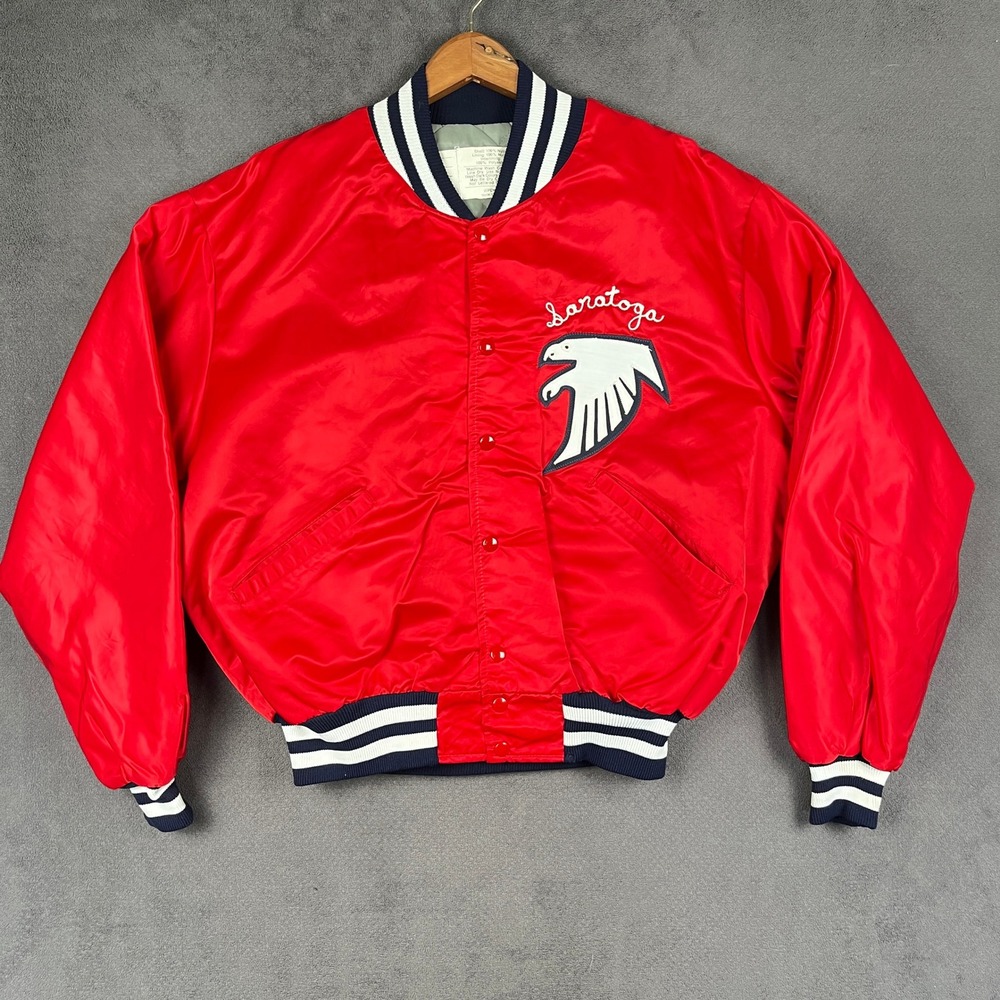 DeLONG Varsity Bomber Jacket Mens XXL Red Saratoga Falcon Patch USA Made Vintage